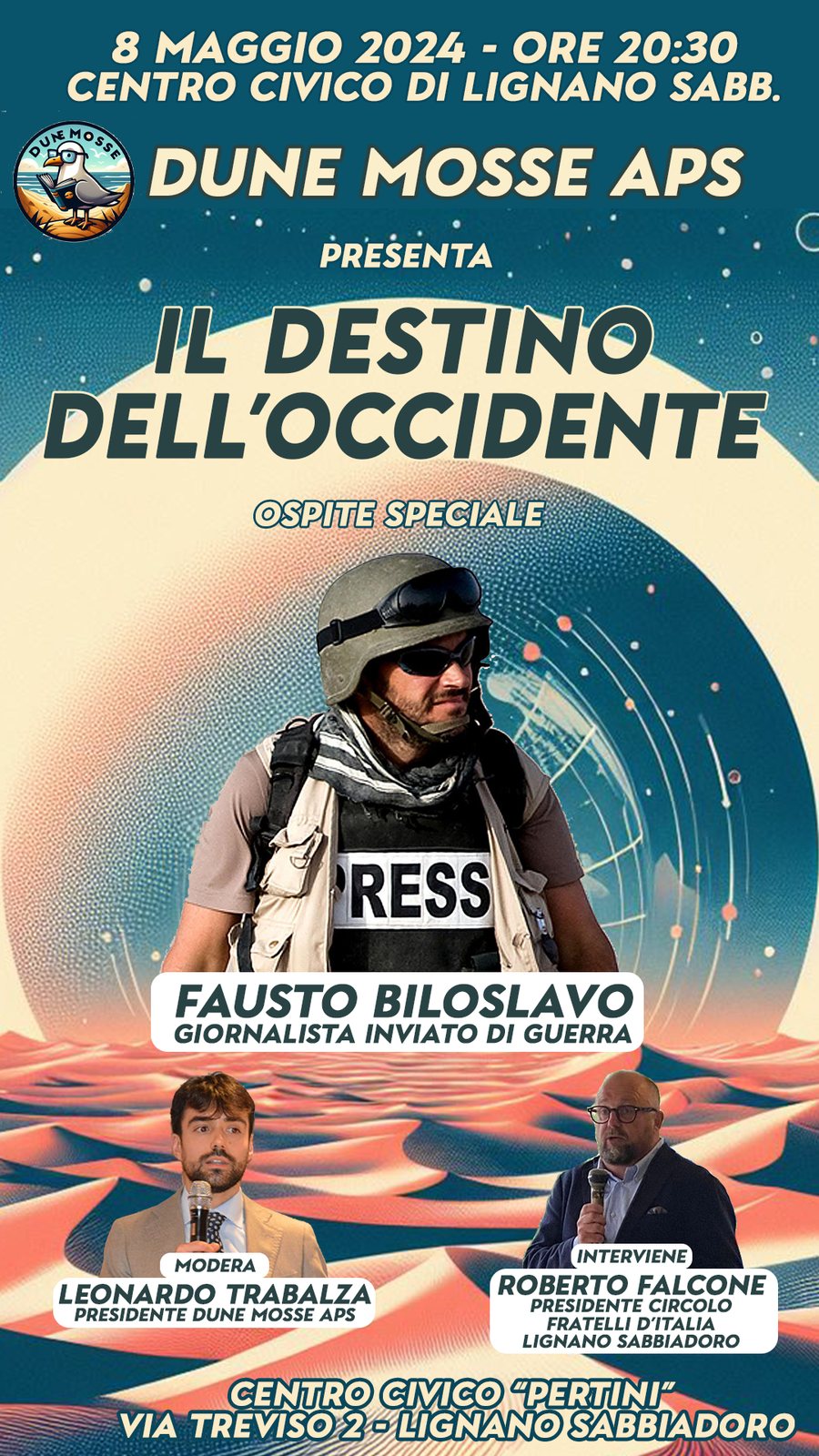 Locandina dell’incontro «Il destino dell’Occidente» con Fausto Biloslavo, 8 maggio 2024